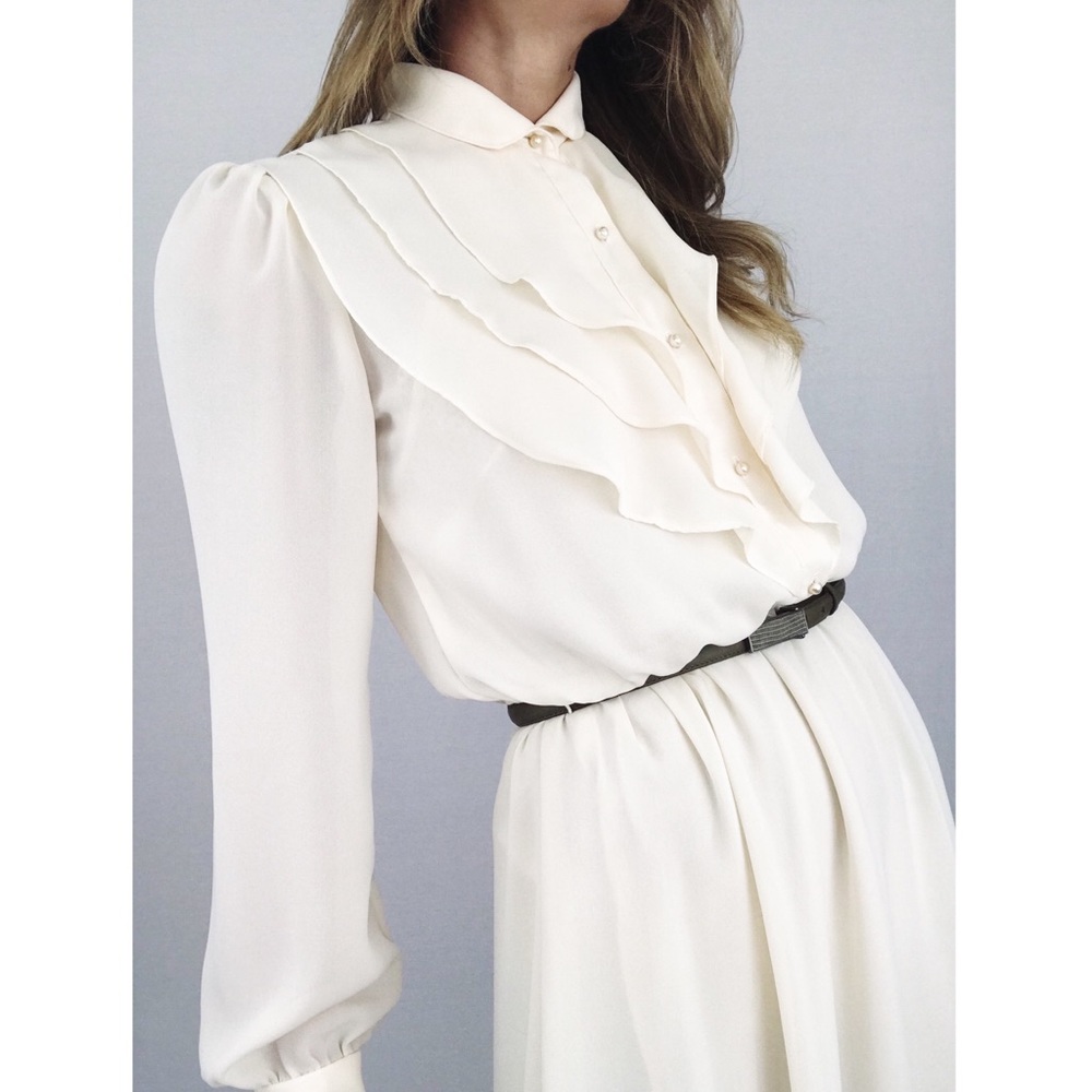 Vintage Sheer Ruffle Midi Dress in Ivory | Size S/M - Picture 10 of 15